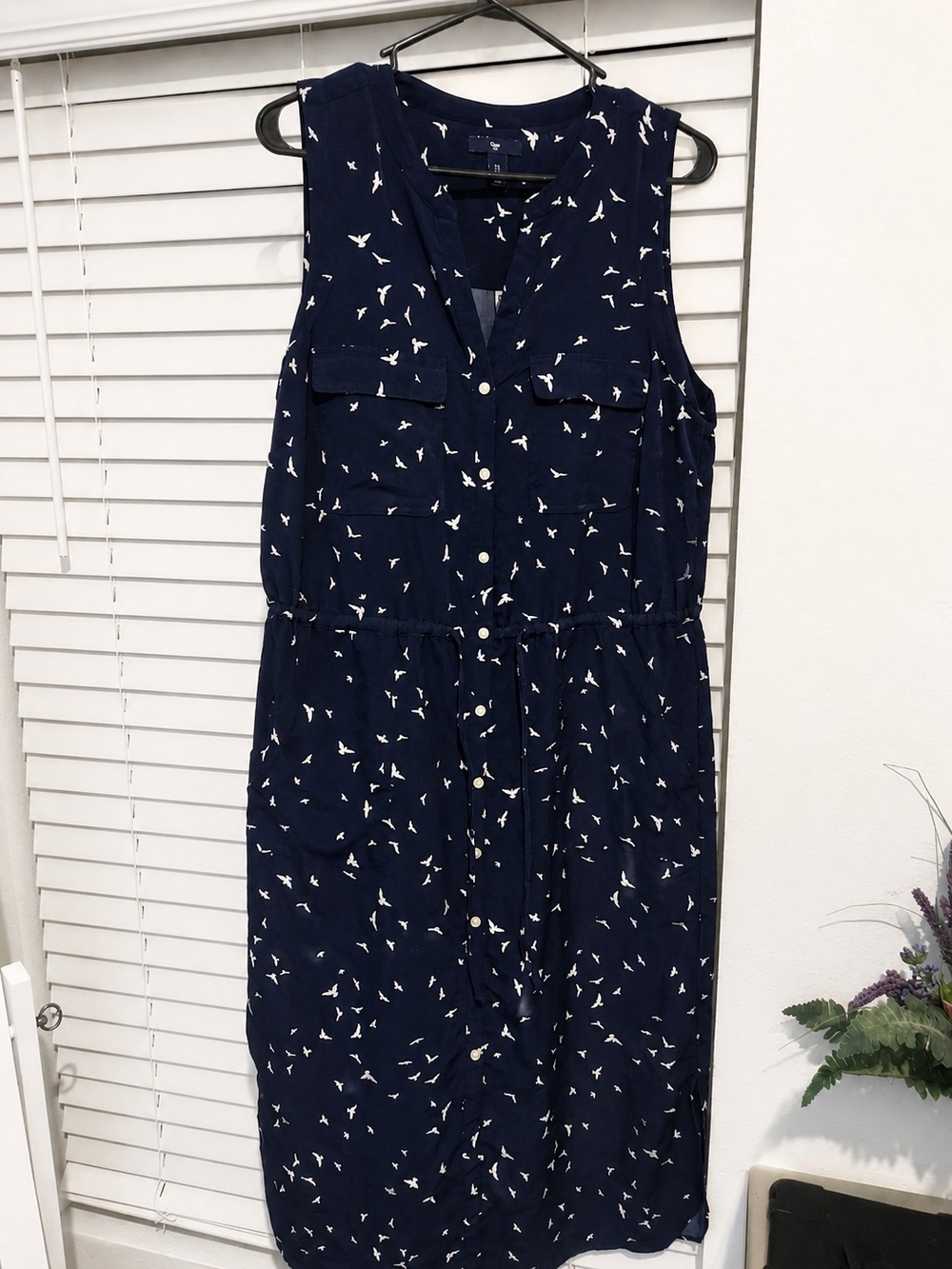 GAP Navy Bird Print Sleeveless Utility Midi Dress Large Pockets - Picture 2 of 16